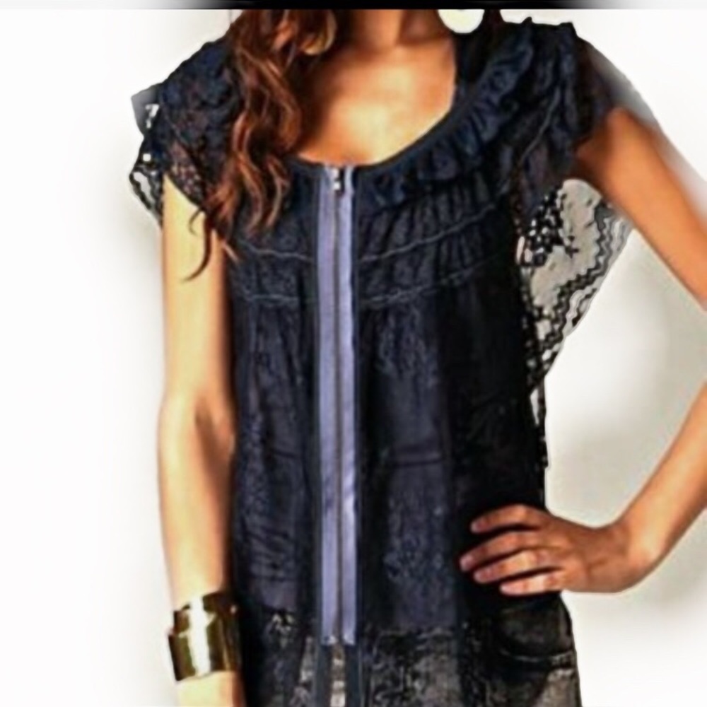 Free people navy all lace zip up shirt